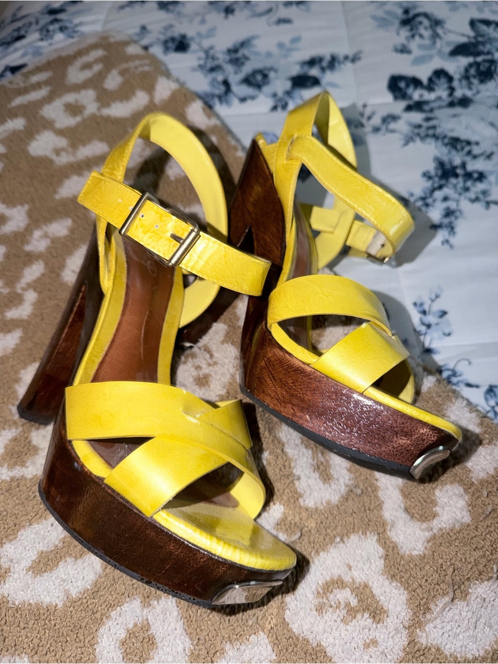 Aldo Yellow Leather Strappy Platform Sandals